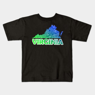 Colorful mandala art map of Virginia with text in blue and green Kids T-Shirt